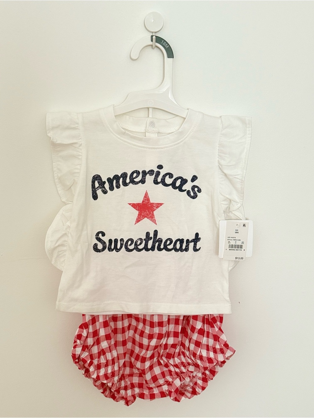 Unbranded White 'America's Sweetheart' Ruffle Tee with Red Gingham Bloomer Set